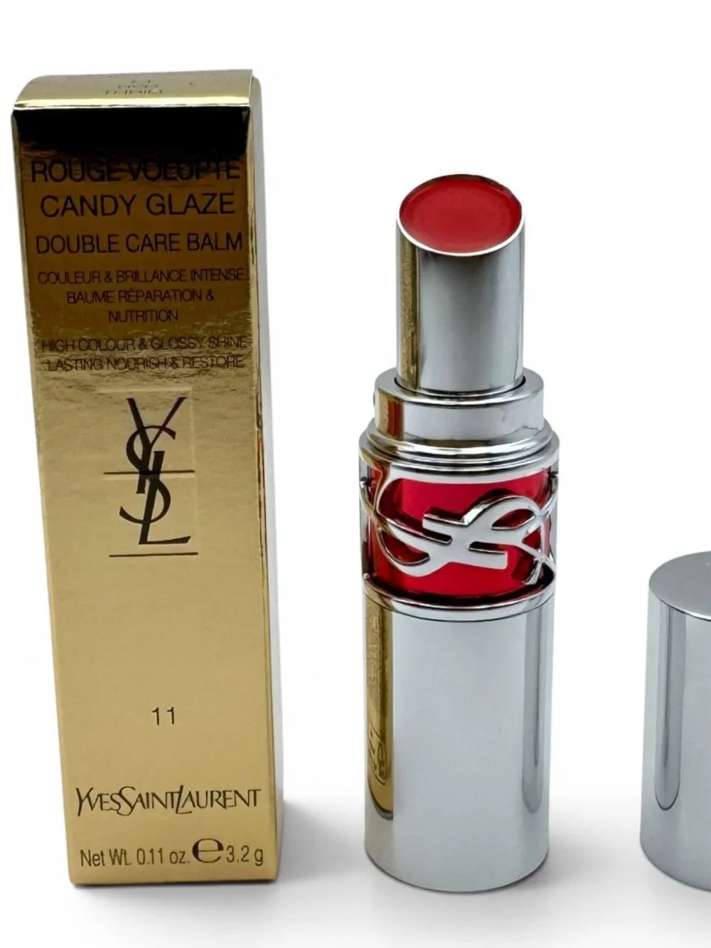 YSL Candy Glaze Lip Gloss Stick Double Care Balm 0.11 oz Shade #11 RED THRILL